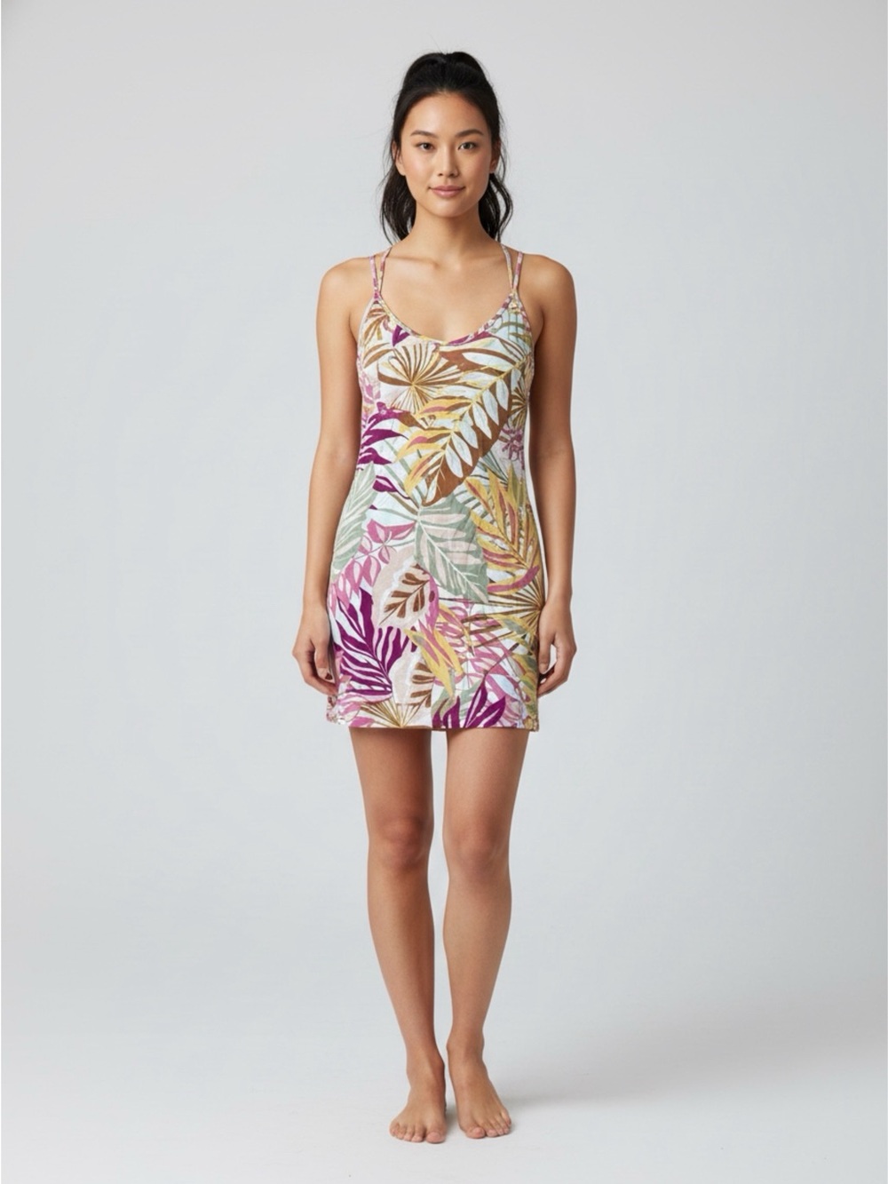 Tropical Leaf Print Slip Dress in Multicolor